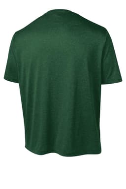 A green heathered t-shirt with a relaxed fit, featuring a branding logo on the back.