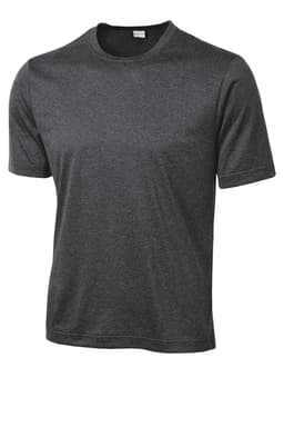 A grey short-sleeve t-shirt with a round neckline and a logo on the side.
