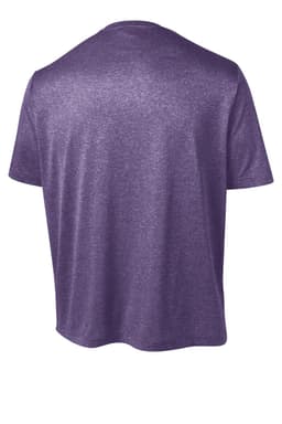 A purple heather t-shirt with a crew neck and short sleeves, featuring a plain back and a brand logo.