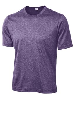 A purple heather t-shirt with short sleeves and a crew neck, featuring a logo on the label.
