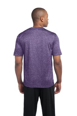 A purple heather t-shirt with short sleeves, featuring a logo on the back, worn by a man facing away.