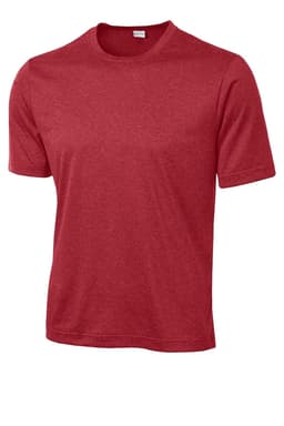 A red heather t-shirt featuring a crew neckline and short sleeves, with a logo on it.