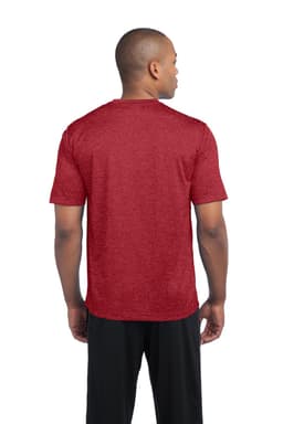 A man wearing a red heather t-shirt with short sleeves, viewed from the back. The shirt features a logo.