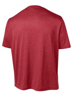 A red heather T-shirt with a relaxed fit, featuring a logo on the back. Suitable for casual wear.