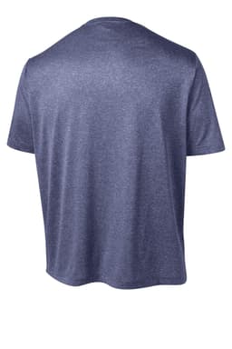 A heathered navy t-shirt with a round neck and short sleeves, featuring a small logo on the back.