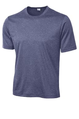 A navy blue short-sleeve T-shirt with a crew neck and a logo on the chest.