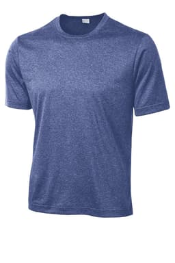 A blue heather T-shirt with short sleeves and a crew neckline, featuring a logo.