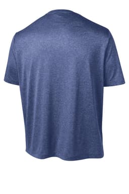A blue heather t-shirt with a round neckline and short sleeves, featuring a logo on the back.