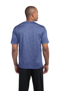 A man wearing a blue heather t-shirt, viewed from the back, with short sleeves and a simple design.