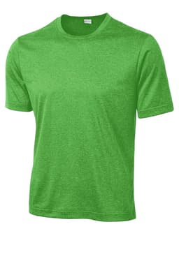 A green heather t-shirt featuring a logo, with short sleeves and a classic fit.