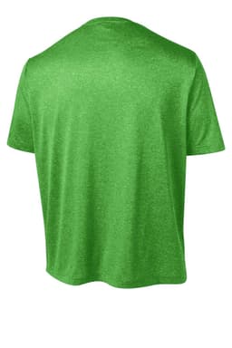 A bright green Sport-Tek Heather Contender Tee, featuring a plain back and short sleeves, with a logo.