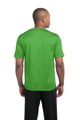 A man wearing a green Sport-Tek Heather Contender Tee, viewed from the back, with short sleeves.