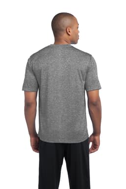 A man wearing a grey Sport-Tek Heather Contender Tee, viewed from the back, with short sleeves and a simple design.