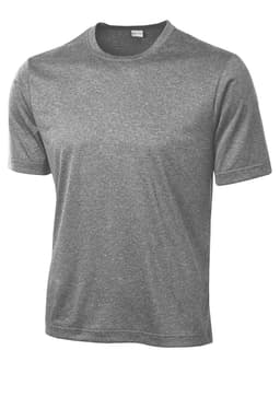 A grey Sport-Tek Heather Contender Tee featuring a round neckline and short sleeves, with branding present.