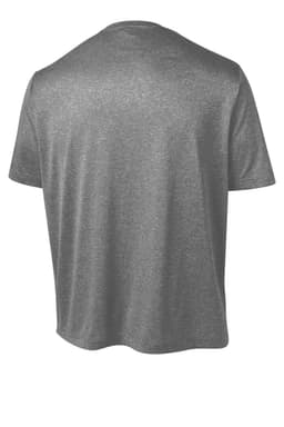 A grey Sport-Tek Heather Contender Tee featuring a simple design and a logo on the back.