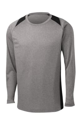 Long sleeve heather grey T-shirt with black colourblock details and a logo on the chest.