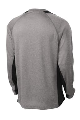 A heather grey long sleeve t-shirt featuring black colourblock side panels and a logo on the back.