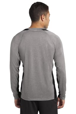 A long sleeve heather grey t-shirt with black colourblock detailing and a logo on the back.