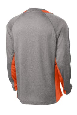Long sleeve heather grey t-shirt with orange colourblock accents and a logo on the back.