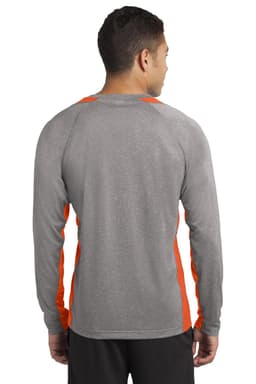 A long sleeve heather grey t-shirt with orange side panels and a logo on the back.
