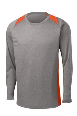 A long sleeve heather grey t-shirt with orange colourblock detailing and a logo.