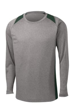 A long sleeve heather grey T-shirt with dark green colourblock accents at the shoulders and sides. It features a logo.