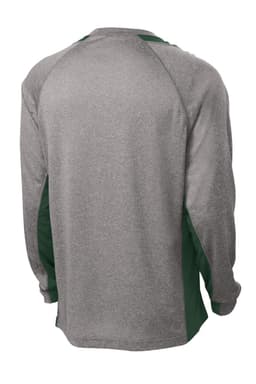 A long sleeve T-shirt featuring a heather grey body with green colourblock sides. It has a logo on the back.