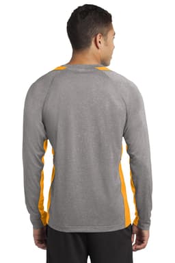 A long sleeve tee featuring a heather grey body with vibrant yellow colourblock sides and a brand logo.