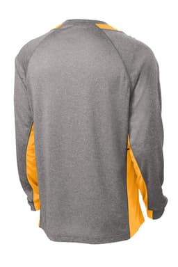 A long sleeve t-shirt featuring a heather grey body with bright yellow side panels and a branding logo.