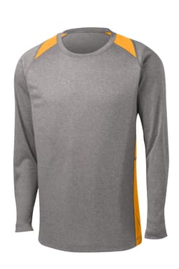 Long sleeve heather grey T-shirt with orange block panels and a logo on the front.