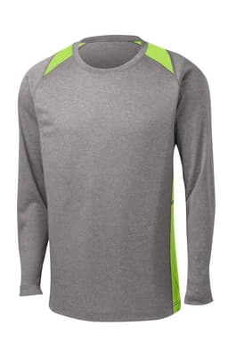 A long sleeve heather grey tee with neon green colourblock accents and a logo. Perfect for casual or sporty wear.