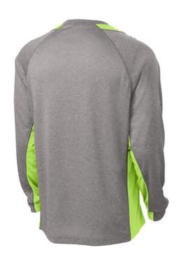 A long sleeve heather grey tee with bright green colourblock accents and a logo on the back.