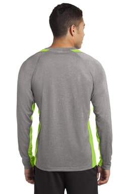 A long sleeve heather grey tee with bright green side panels and a logo on the back.
