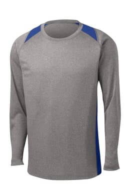 A long sleeve heather grey tee with blue colourblock accents and a logo on the chest area.