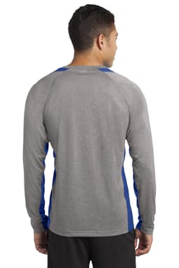 A long sleeve heather grey t-shirt with blue colourblock details and a logo on the back.