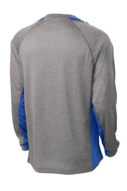A long sleeve heather grey and blue colourblock tee with a raglan style and a logo on the back.