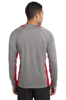 A long sleeve grey tee with red accents and a logo on the back.