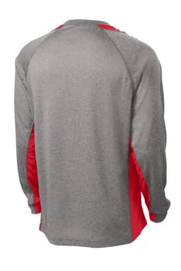 A long sleeve heather grey and red t-shirt with a sporty design and a logo on the back.