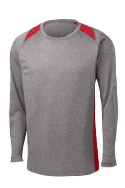 Long sleeve heather grey t-shirt with red colourblock accents and a logo on one side.