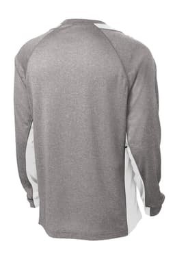 A long-sleeve heather grey and white colourblock t-shirt with a logo on the back.