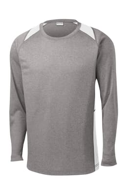A long sleeve tee in heather grey with white colourblock detailing, featuring a logo on the front.