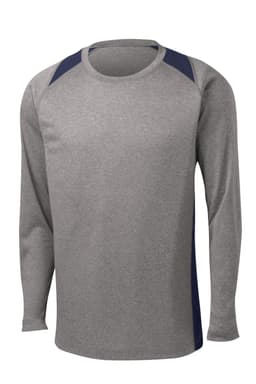 A long sleeve heather grey T-shirt with navy blue colourblock accents and a logo.