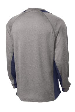 A long sleeve heather grey and navy blue T-shirt with a raglan design and a logo.