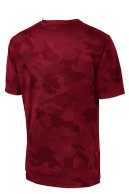 A red camouflage t-shirt with a mesh texture and branded logo on the back.