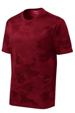 A red Sport-Tek CamoHex Tee featuring a camouflage pattern and a logo. Short-sleeved and made from breathable material.
