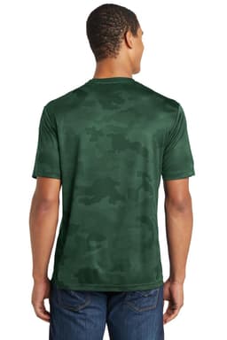A green camo-patterned men's T-shirt with short sleeves and a back view, featuring a logo.