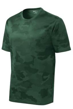 A green camo-patterned t-shirt with a textured fabric and a branding logo on the tag.