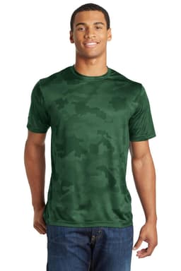 A green camouflage short-sleeve t-shirt displayed on a model. The shirt features a logo on the front.