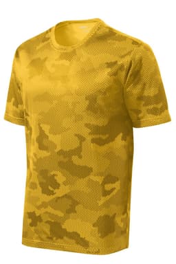 A yellow camo-patterned t-shirt with a lightweight, breathable fabric and a logo on the chest.