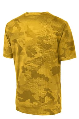 A yellow camo patterned T-shirt featuring a mesh design and a logo on the back.